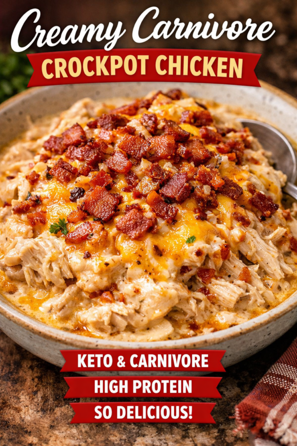Creamy Carnivore Crockpot Chicken topped with melted cheese and crispy bacon in a slow cooker